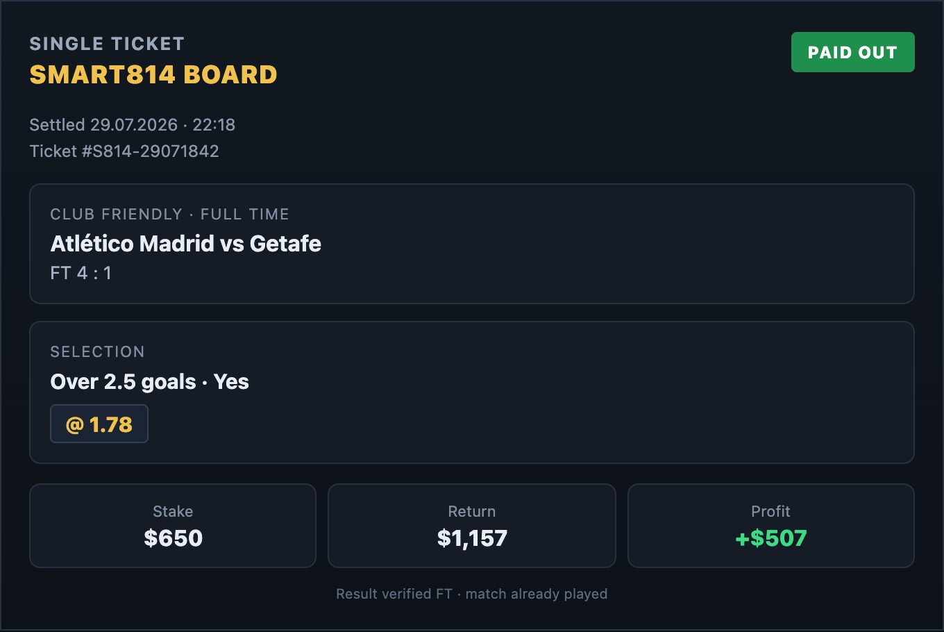 Paid winning ticket Atlético Madrid vs Getafe 29 July 2026